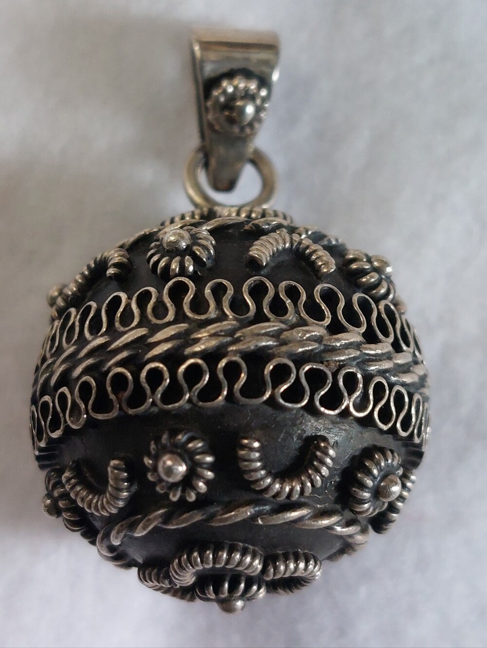 Vintage Mexican Silver Harmony Ball Pendant | Etruscan Cannetille Chiming Sphere